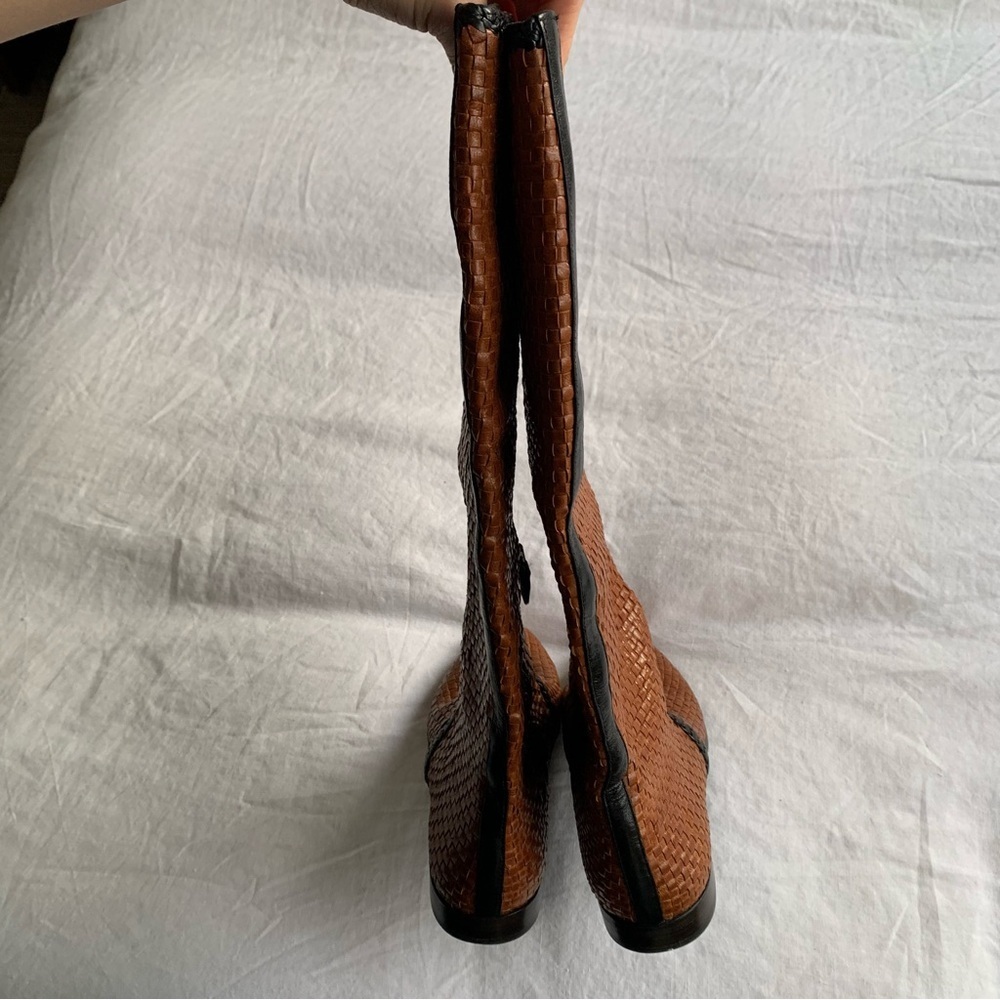 Vintage Prada Woven Leather Riding Knee High Pointy Toe Boots Brown Tan Black - Picture 6 of 10